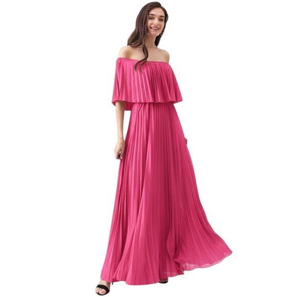 Huaxiafan Dresses & Skirts - Hot Pink Women's Off Shoulder Pleated Maxi Dress - Fuchsia Flowy Boho Chic L